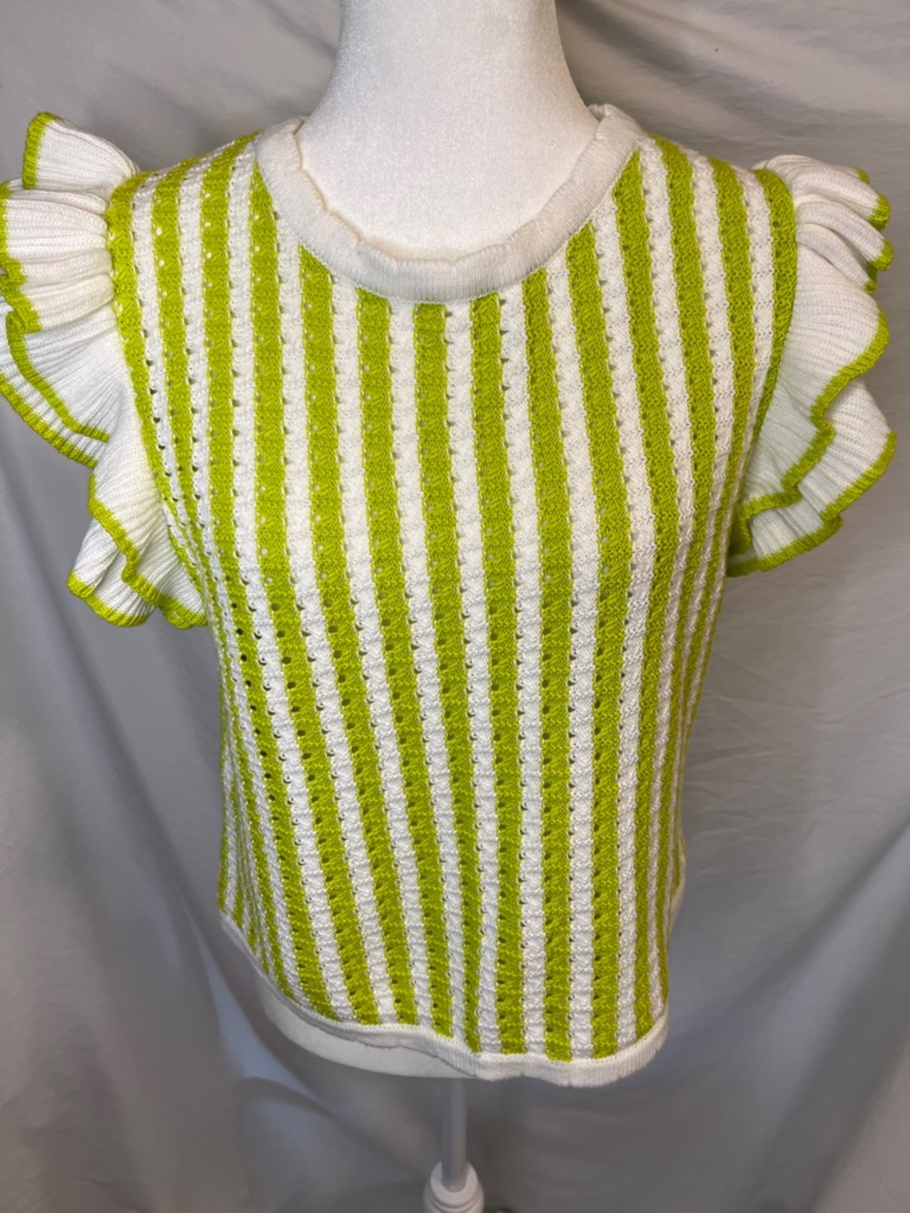 entro Lime Green and White Striped Ruffle-Sleeve Knit Tank